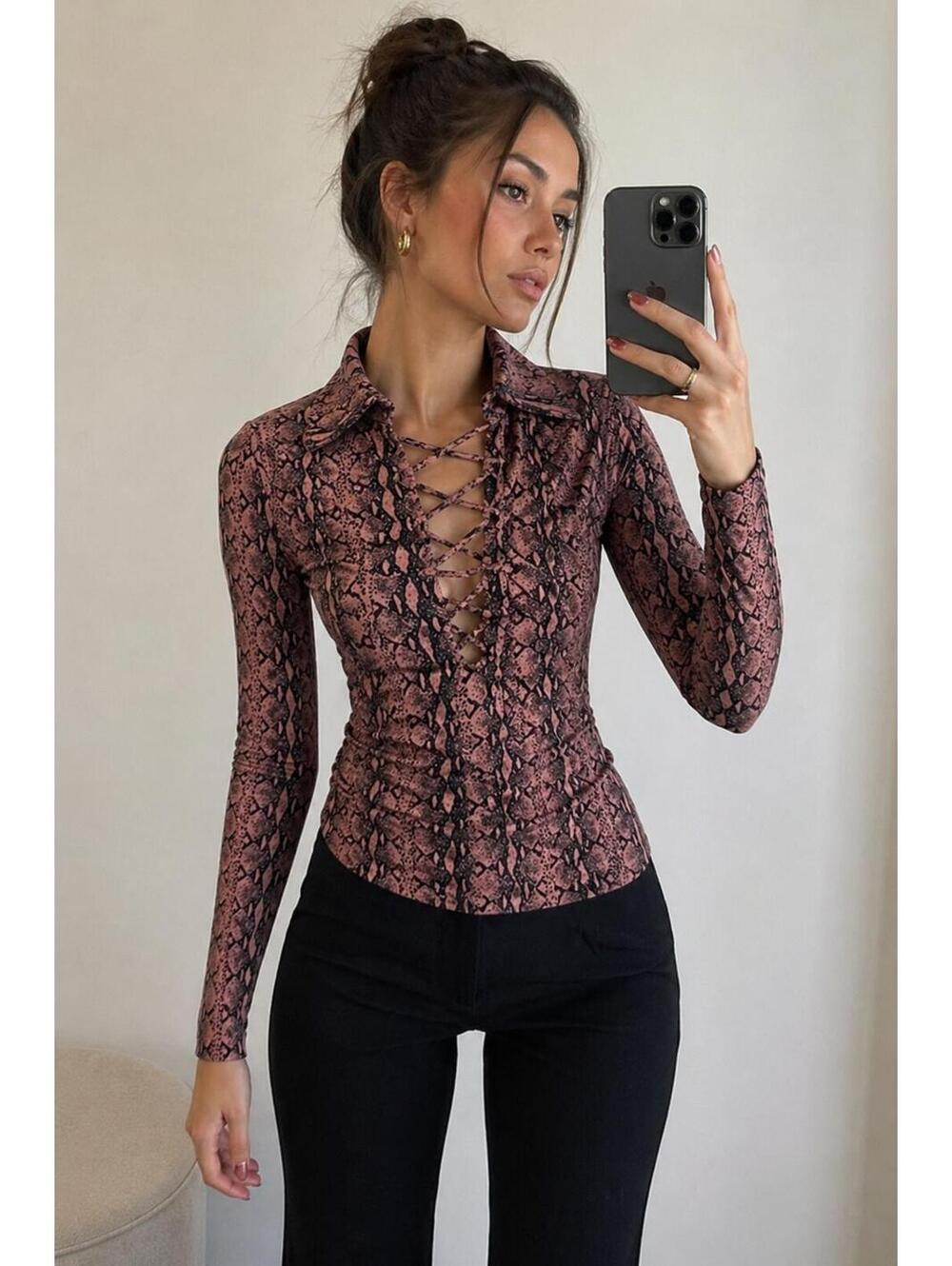 Alexachung Snake Print Lace Up Top Pink Black XS